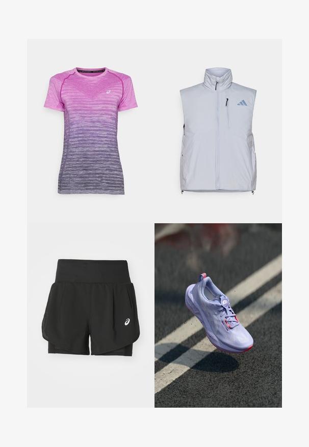 Gaiši pelēks bez piedurknēm vestes ar augstu apkakli, priekšējo rāvējslēdzēju, kreisās krūts kabatu un melniem rāvējslēdzējiem; uzlabots ar zilu logo labajā plecā.; ASICS SEAMLESS SS - Sporta krekli - bold magenta/blue expanse; Melnas sporta šortas ar elpojošu sietu virsējo daļu, iekšējās šortas ar gludu tekstūru un baltu logo kreisajā pusē.; Gaiši violeta skriešanas apavi ar teksturētu virsmas materiālu, rožīgu akcentu, apaļu šņorēšanas mehānismu un punktētu zoli, izbīdīti virs asfalta fona.