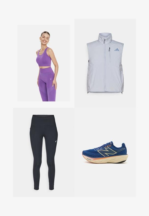 Vaaleanharmaa hihaton liivi, jossa on korkea kaulus, etuvetoketju, vasemmassa rinnassa tasku ja mustat vetoketjun vedot; oikeassa hartiassa sininen logo.; Cardio Bunny CHILL CROP - Toppi - purple; ASICS ROAD HIGH WAIST - Talvitrikoot - performance black; Sininen juoksukenkä, jossa on hengittävä verkko-osa, pehmustettu kaulus ja vaimennettu pohja, johon on lisätty oranssi yksityiskohta. "Fresh Foam" -brändi näkyy selvästi.