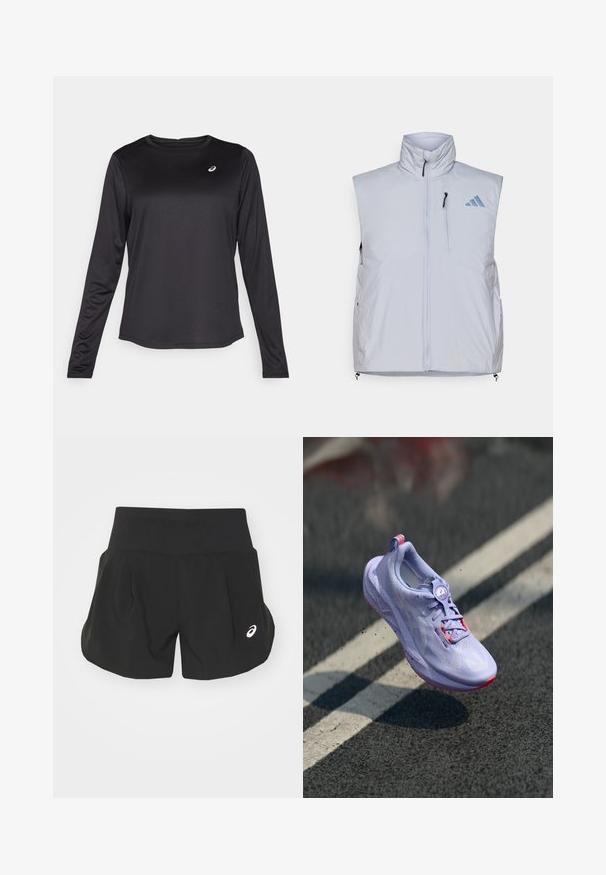 Light gray sleeveless vest with high collar, front zipper, left chest pocket, and black zipper pulls; features a blue logo on the right shoulder.; Black long-sleeve athletic shirt made of lightweight fabric. Features a round neckline and a small logo on the chest. Smooth texture.; Black athletic shorts with a wide waistband, pleated design, and a small white logo accent on the lower left side. Soft, lightweight material.; Light purple running shoe with a textured upper, pink accents, a round lacing mechanism, and a speckled sole, elevated above a pavement background.