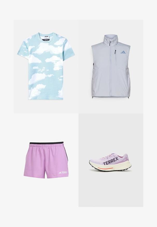 Jasnoszara kamizelka bez rękawów z wysokim kołnierzem, z przodu na zamek błyskawiczny, kieszenią na lewej piersi oraz czarnymi uchwytami zamka; na prawym ramieniu znajduje się niebieskie logo.; Jasnoniebieska bawełniana koszulka z nadrukiem chmur w różnych odcieniach bieli. Klasyczny okrągły dekolt i krótkie rękawy.; Jasnofioletowe spodenki sportowe z czarną elastyczną talią, bocznymi kieszeniami i białym logo "TERREX" na dolnej lewej części.; Fioletowy but do biegania z przewiewną siateczką, wyraźnym logo "TERREX", białą podeszwą środkową i czarną gumową podeszwą z czerwoną akcentacją.