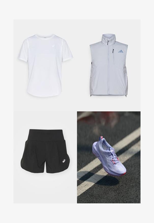 Lyst grå ærmeløs vest med høj krave, frontlynlås, venstre brystlomme og sorte lynlåsrester; har et blåt logo på den højre skulder.; Hvid atletisk t-shirt, korte ærmer, rund hals, lavet af fugttransporterende stof, med et lille logo på brystet, let tekstur.; Sorte atletiske shorts med en bred talje, plisseret design og et lille hvidt logo på nederste venstre side. Blødt, let materiale.; Lys lilla løbesko med en tekstureret overdel, pink accenter, en rund snøringsmekanisme og en plettet sål, hævet over en belægning som baggrund.