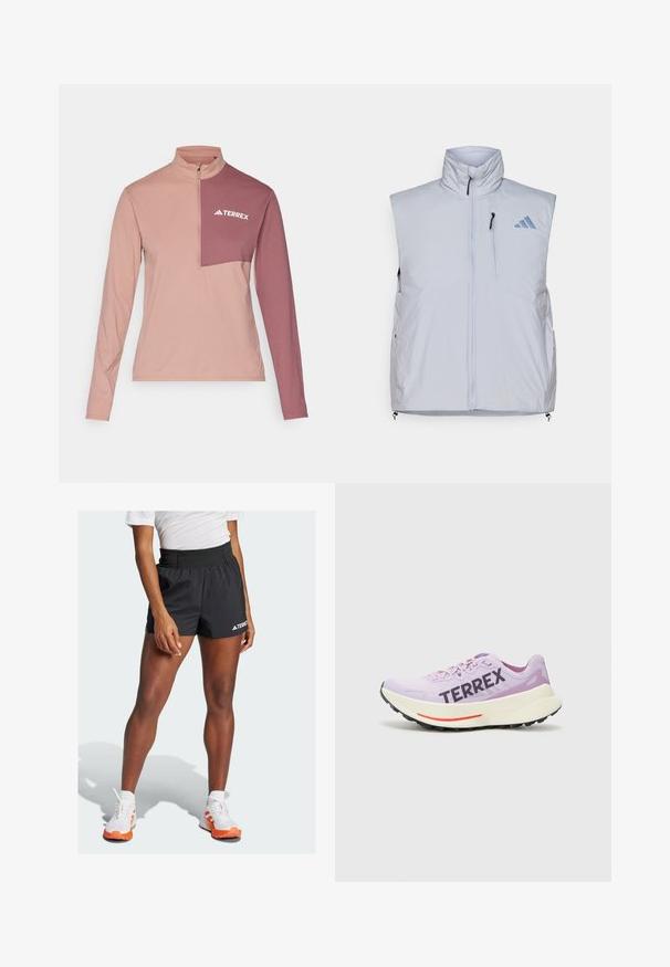 Lys grå ærmeløs vest med høy krage, frontglidelås, brystlomme på venstre side og svarte glidelåshåndtak; har en blå logo på den høyre skulderen.; Lett langermet topp med kvart glidelås i kragen, med et fargeblokkdesign i rosa og mauve. Inkluderer "TERREX"-logo på brystet.; Sorte idrettsshorts med bred midjebånd, med teksten "TERREX" og et Adidas-logo. Kombinert med hvite sko med oransje detaljer.; Lilla løpesko med pustende mesh-overdel, fremtredende "TERREX"-logo, hvit mellomsåle og svart gummisåle med røde detaljer.