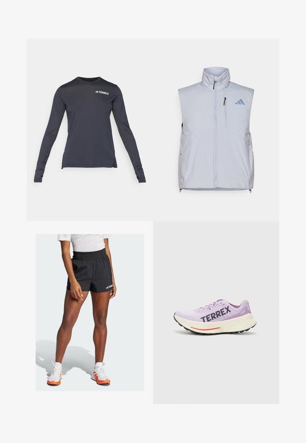 Lys grå ærmeløs vest med høy krage, frontglidelås, brystlomme på venstre side og svarte glidelåshåndtak; har en blå logo på den høyre skulderen.; Langermet marineblå prestasjonskjorte med rund hals, med en hvit "Terrex"-logo og teksturerte mesh-sider.; Sorte idrettsshorts med bred midjebånd, med teksten "TERREX" og et Adidas-logo. Kombinert med hvite sko med oransje detaljer.; Lilla løpesko med pustende mesh-overdel, fremtredende "TERREX"-logo, hvit mellomsåle og svart gummisåle med røde detaljer.