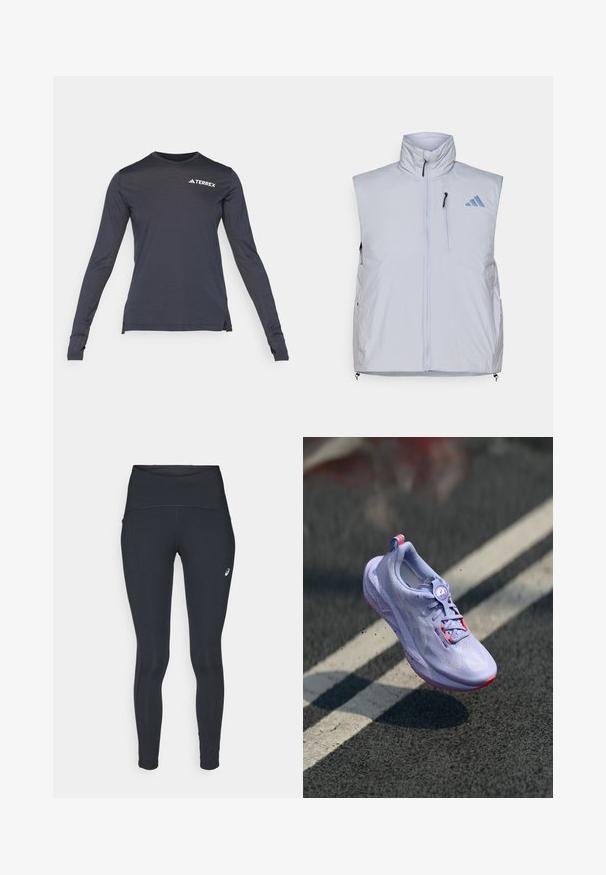 Ljusgrå ärmlös väst med hög krage, framdragkedja, vänster bröstficka och svarta dragkedja-holkar; har en blå logo på höger axel.; Långärmad marinblå prestationsskjorta med rundad halsringning, som har en vit "Terrex"-logotyp och texturerade meshsidopaneler.; ASICS ROAD HIGH WAIST - Vintertajts - performance black; Ljuslila löparsko med en texturerad ovandel, rosa accenter, en rund snörningsmekanism och en fläckig sula, lyft över en asfaltbakgrund.