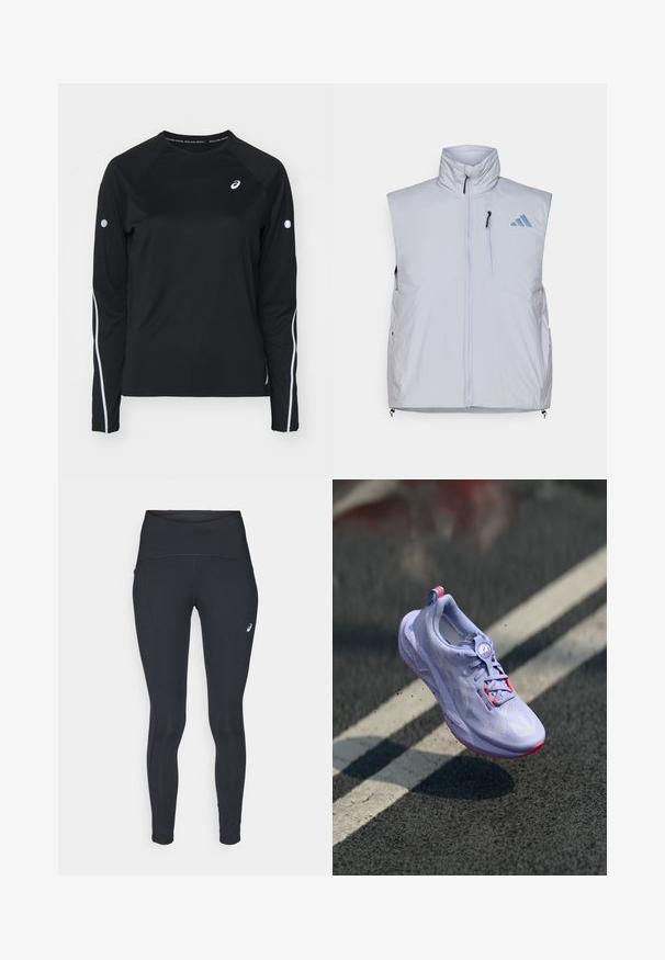 Vesta fără mâneci, de culoare gri deschis, cu guler înalt, fermoar frontal, buzunar pe pieptul stâng și mânere de fermoar negre; prezintă un logo albastru pe umărul drept.; Cămiză sport neagră cu mâneci lungi și raglan, cu dungi reflectorizante albe pe laterale și guler rotund. Prezentă un mic logo pe piept.; ASICS ROAD HIGH WAIST - Colanți de iarnă - performance black; Încălțăminte de alergare de culoare lavandă deschisă, cu un material superior texturat, accente roz, un mecanism de legare rotund și o talpă cu pete, ridicată deasupra unui fundal de asfalt.