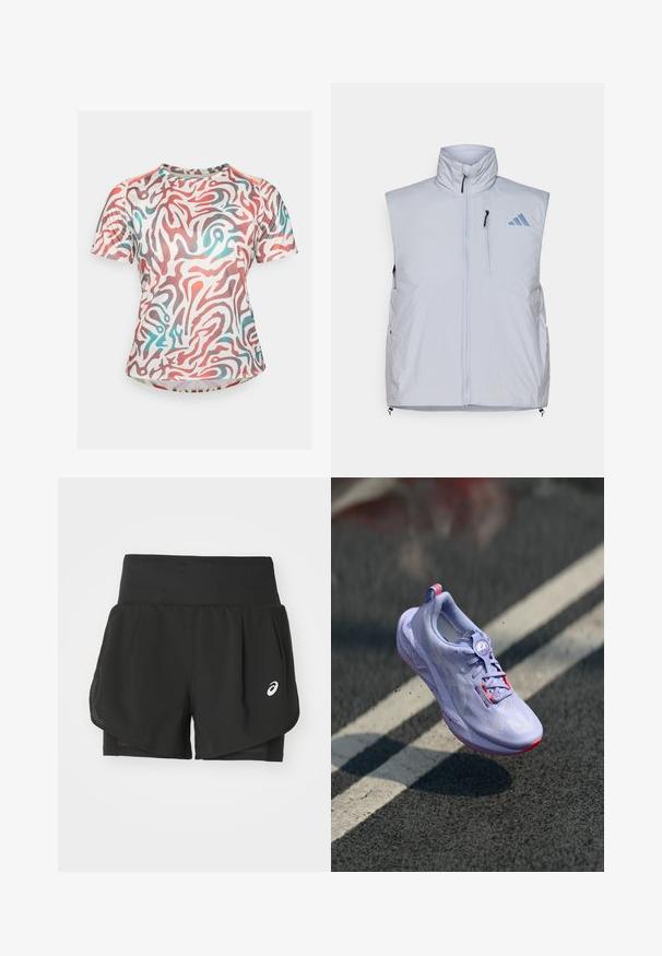 Svetlo siva brezrokavnik z visokim ovratnikom, sprednjim zadrgo, žepom na levi strani prsnega koša in črnimi zadrgami; na desnem ramu je modri logotip.; Majica s kratkimi rokavi za šport z belo podlago in abstraktnim rdečim in modrim zavitjem. Narejena iz gladkega, raztegljivega materiala.; Črne atletske kratke hlače z zračnim mrežastim pregrinjalom, notranjimi hlačami z gladko teksturo in belim logotipom na levi strani.; Svetlo vijoličasti tekaški čevlji z teksturiranim zgornjim delom, rožnatimi poudarki, okroglim sistemom vezanja in pegastim podplatom, dvignjeni nad ozadjem asfaltne površine.