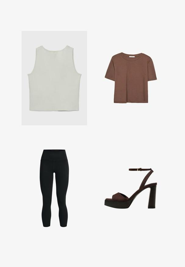 Světle šedý bezrukávový top s volným střihem, vyrobený z měkké látky. Rovný spodní lem a zaoblený výstřih, minimalistický design, žádné ozdoby.; Hnědé tričko s krátkým rukávem vyrobené z měkké látky, s kulatým výstřihem a volným střihem. Bez viditelných vzorů nebo dekorací.; Černé legíny vyrobené z elastického materiálu, s vysokým pasem, slim fit a boční kapsou pro pohodlí. Hladká textura po celém povrchu.; Hnědé semišové sandály na vysokém podpatku s otevřenou špičkou, nastavitelným páskem kolem kotníku a proužkovou platformou.