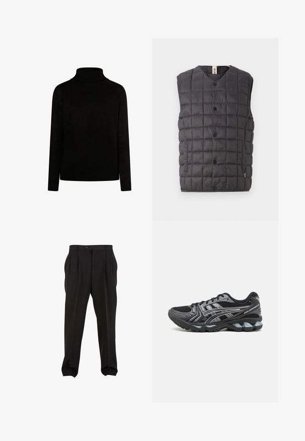 Only & Sons ONSGAVIN LIFE LIGHT QUILTED SNAP VEST - Bodywarmer - phantom; Zwarte coltrui in een geribbelde textuur, met lange mouwen en een nauwsluitende pasvorm. Kenmerkt zich door gebreide details bij de kraag en manchetten.; Zwarte broek van gladde stof, met voorplooien, een knopenband en taps toelopende enkelboorden. Klassieke taillering.; Zwarte sportschoen met een bovenwerk van mesh, zilveren accenten en een gevoerde zool. Beschikt over een vetersluiting en een gestructureerde loopzool voor grip.