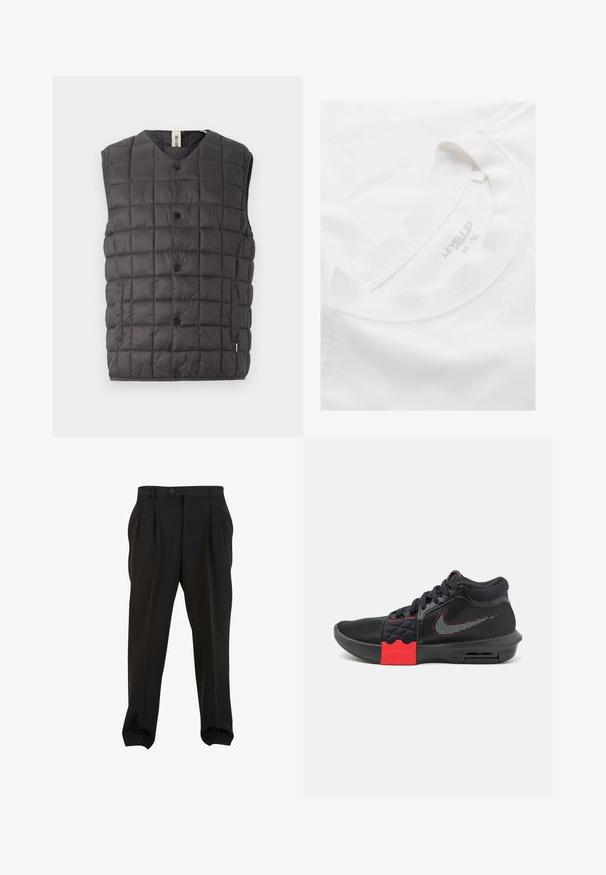 Only & Sons ONSGAVIN LIFE LIGHT QUILTED SNAP VEST - Liivi - phantom; Valkoinen puuvillapaita, jossa on pyöreä kaula-aukko ja pehmeä rakenne. Paidassa on tulostettu etiketti kauluksessa, jossa lukee "LEVEL UP" ja koko tiedot.; Mustat housut sileällä kankaalla, etupuolelta laskostetut, napilla varustettu vyötärö ja kapenevat nilkkaleikat. Klassinen hyvin istuva siluetti.; Mustat urheilukengät, joissa on verkkomateriaali päällä, punaisia korostuksia keskitollassa ja näkyvä ilmapatja. Varustettu tekstuurituilla sivupaneeleilla ja nauhoilla.