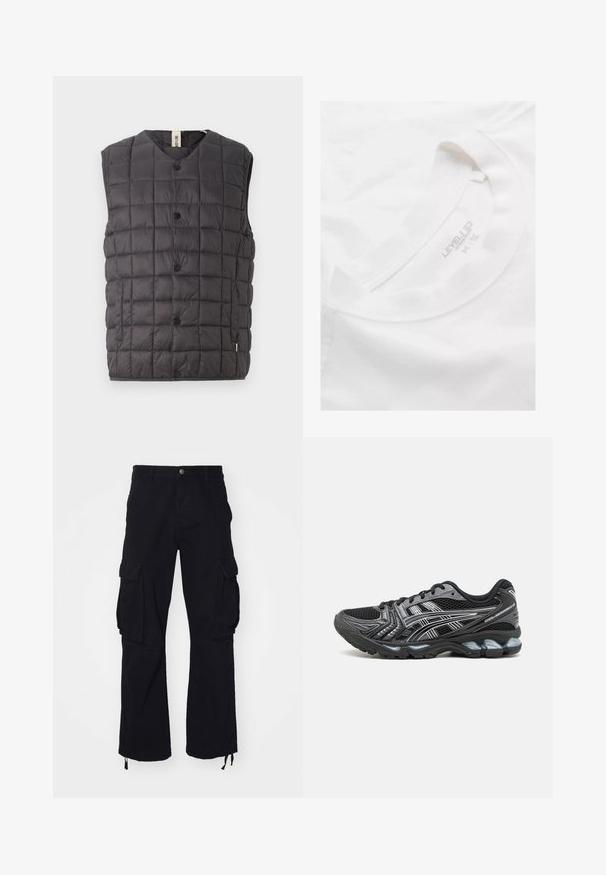 Only & Sons ONSGAVIN LIFE LIGHT QUILTED SNAP VEST - Veste sans manches - phantom; T-shirt en coton blanc avec un col rond et une texture douce. Présente une étiquette imprimée à l'intérieur du col avec "NIVEAU SUPÉRIEUR" et des informations de taille.; Pantalons cargo noirs en coton, présentant deux grandes poches latérales, des ourlets élastiques et une coupe droite.; Chaussure de sport noire avec tige en mesh, accents argentés et semelle rembourrée. Présente un design à lacets et une semelle texturée pour une meilleure adhérence.