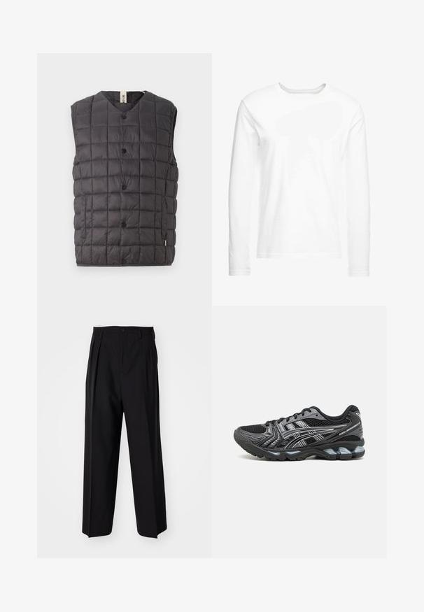 Only & Sons ONSGAVIN LIFE LIGHT QUILTED SNAP VEST - Vesta - phantom; Bílá dlouhá tričko s dlouhým rukávem vyrobené z jemné bavlny. Kulatý výstřih se rovnými lemy a bez viditelných vzorů či grafik.; Černé skládací kalhoty s rovnými, širokými nohavicemi. Vyrobené z hladké tkaniny, se zapínáním na knoflík a poutky na opasek.; Černá sportovní bota s vrchní částí ze síťoviny, stříbrnými akcenty a polstrovanou podrážkou. Obsahuje šněrovací design a texturovaný vzor pro lepší přilnavost.