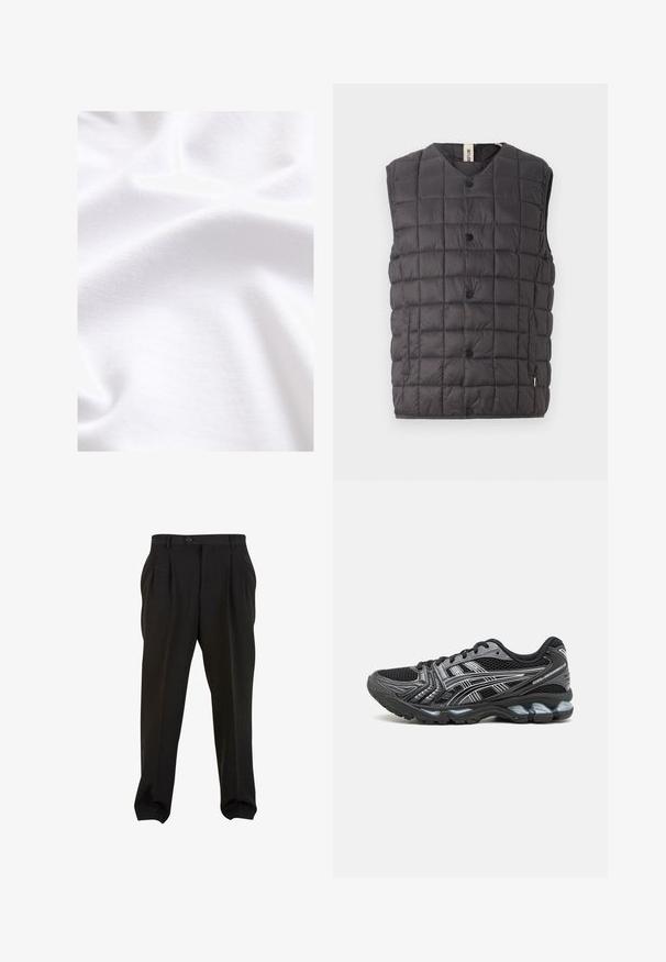 Only & Sons ONSGAVIN LIFE LIGHT QUILTED SNAP VEST - Liivi - phantom; Valkoinen puuvillakangas, jossa on sileä pinta, joka näyttää hienovaraisia ryppyjä ja taitoksia, korostaen sen pehmeää, kevyttä luonteenpiirrettä.; Mustat housut sileällä kankaalla, etupuolelta laskostetut, napilla varustettu vyötärö ja kapenevat nilkkaleikat. Klassinen hyvin istuva siluetti.; Musta urheilukenkä, jossa on verkkovuori, hopeisia yksityiskohtia ja pehmustettu pohja. Varustettu nauhakiinnityksellä ja rakenteellisella pohjalla pidon takaamiseksi.