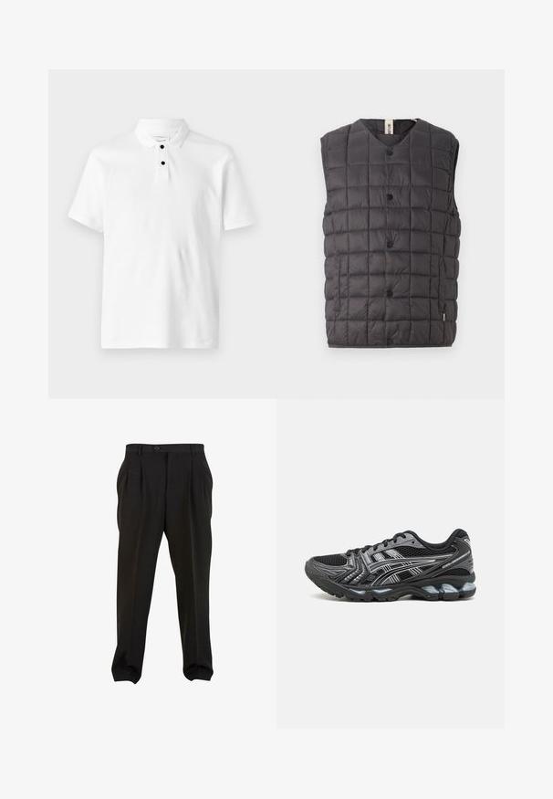 Only & Sons ONSGAVIN LIFE LIGHT QUILTED SNAP VEST - Liemenė - phantom; Balta polo marška su tekstūruota medžiaga, trumpomis rankovėmis, sulenkta apykakle ir trimis juodais mygtukais kaklo srityje.; Juodos kelnės su lygiu audiniu, turinčios priekines klostes, mygtukų juosmenį ir siaurėjančius kulkšnies audinius. Klasikinis pritaikytas siluetas.; Juodas sportinis batas su tinkliniu viršumi, sidabriniais akcentais ir paminkštintu pado. Turi raišteliais užsegamą konstrukciją ir tekstūruotą protektorių geresniam sukibimui.