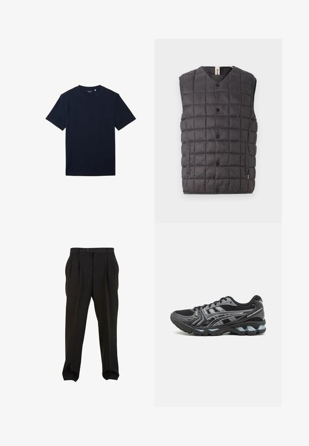 Only & Sons ONSGAVIN LIFE LIGHT QUILTED SNAP VEST - Vest - phantom; Marineblå bomulds t-shirt med korte ærmer, klassisk rund halsudskæring og en glat tekstur. Simpelt design, ingen mønstre eller synlige detaljer.; Sorte bukser med et glat stof, der har frontfolder, en knap i taljen og tapered ankler. Klassisk skræddersyet silhuet.; Sort sportsko med mesh-overdel, sølv accenter og en dæmpet sål. Har snørebåndsdesign og struktureret sål for bedre greb.