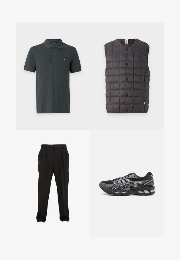 Only & Sons ONSGAVIN LIFE LIGHT QUILTED SNAP VEST - Vest - phantom; Polo skjorte i mørkegrå bomull med klassisk krage, tre-knapps knappestolpe og en liten brodert gul logo på venstre bryst.; Sorte bukser med et glat stof, der har frontplisseringer, en knap i taljen og tapered ankler. Klassisk skræddersyet silhuet.; Svart sportsko med mesh-overdel, sølvdetaljer og polstret såle. Har snøring og teksturert såle for godt grep.