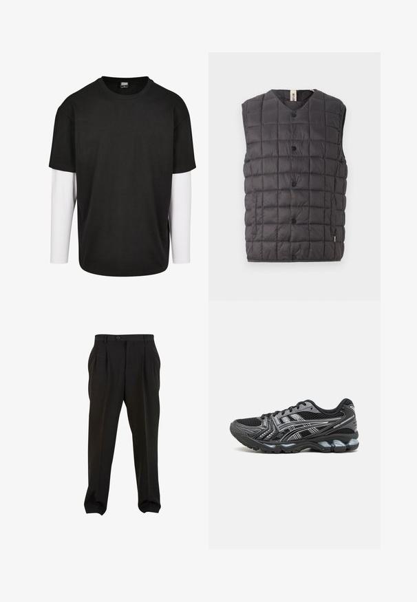 Only & Sons ONSGAVIN LIFE LIGHT QUILTED SNAP VEST - Chaleco - phantom; Camiseta negra de manga corta con una capa de manga larga blanca debajo. Hecha de algodón, con un cuello redondo y un corte relajado.; Pantalones negros de tejido suave, con pliegues frontales, cinturilla con botón y puños en los tobillos ajustados. Silueta clásica y ajustada.; Zapatilla deportiva negra con parte superior de malla, detalles plateados y suela acolchada. Presenta un diseño con cordones y una suela texturizada para mayor agarre.