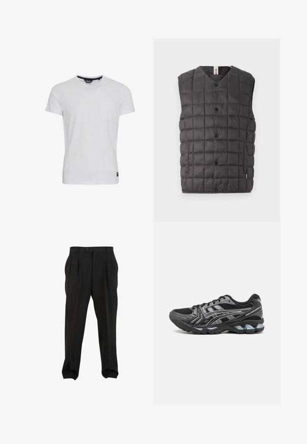 Only & Sons ONSGAVIN LIFE LIGHT QUILTED SNAP VEST - Waistcoat - phantom; White cotton T-shirt with short sleeves, a round neckline, and a left chest pocket. Features a tag on the bottom left. Smooth texture.; Black trousers with a smooth fabric, featuring front pleats, a button waistband, and tapered ankle cuffs. Classic tailored silhouette.; Black athletic shoe with mesh upper, silver accents, and a cushioned sole. Features a lace-up design and textured tread for grip.