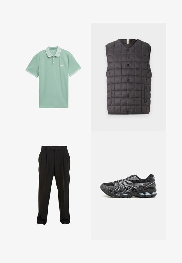 Only & Sons ONSGAVIN LIFE LIGHT QUILTED SNAP VEST - Vest - phantom; Hele roheline polo särk, mis on valmistatud pehmest materjalist, klassikalise kraega, millel on kontrastne valge äär ja väike logo rinnal.; Mustad püksid siledast kangast, esikreppidega, nööbivöökoht ja kitsenevad pahkluud. Klassikaline peenelt lõigatud siluett.; Mustad mustespordijalanõud võrkkattega, hõbedaste aktsentidega ja pehmendustega tallaga. Omab paelaga kinnitust ja tekstureeritud tallaharjumist haardmiseks.