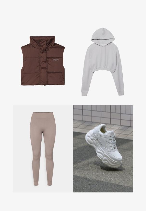 Pruun polsterdatud ilma varrukateta vest kõrge kaelusega, millel on külje peal luku ees ja õmmeldud logo detail. Sile, läikiv tekstuur.; Hallide hallhigi, millel on nööriga kapuuts, raglanvarrukad ja elastne alumine äär. Vasakul varrukal on sõna "ACTIVE". Pehme kangastekstuur.; Ribidega retuusid pehmes taupe värvitoonis, millel on kõrge vöökoht, kitsas lõige ja kitsenevad pahkluud. Valmistatud tekstuurilisest, venitatavast kangast.; Valge nahkne tennis, millel on paks tald, tekstuuriga detailid ja paeltega sulgemine. Omab vormitud aktsente ja siledat viimistlust.