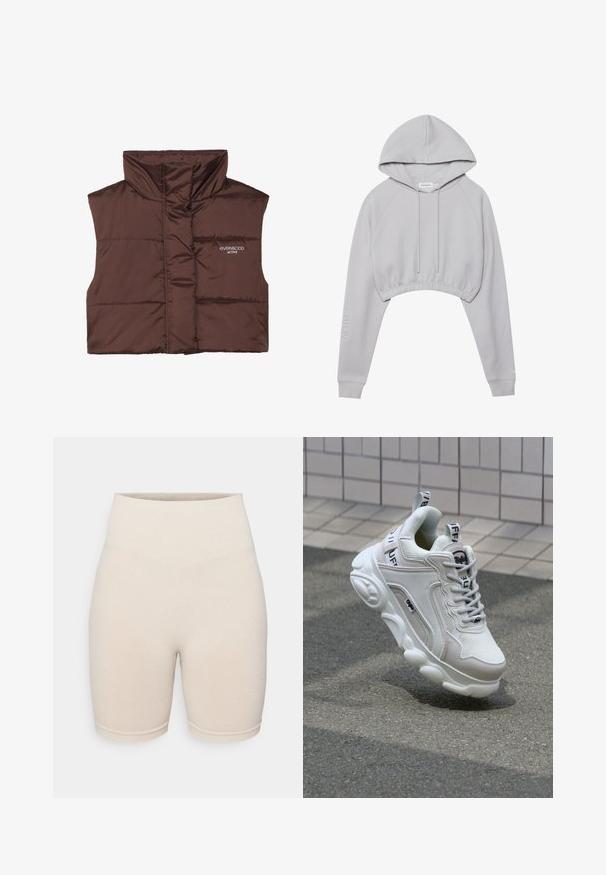 Brun polstret ermeløs vest med høy krage, med glidelås foran og sydd inn logo-detalle på venstre side. Glatt, blank tekstur.; Grå cropped hettegenser med snorhette, raglanermer og elastisk kant. Har "ACTIVE" tekst på venstre erme. Myk stofftekstur.; Beige, ribbede sykkelshorts med høy livlinje, med et teksturert mønster og tettsittende design som rekker til midten av låret.; Hvit sneaker laget av mesh og lær, rund tå, tykk såle, fremtredende lisser, og merkevare på hælen og tungen.