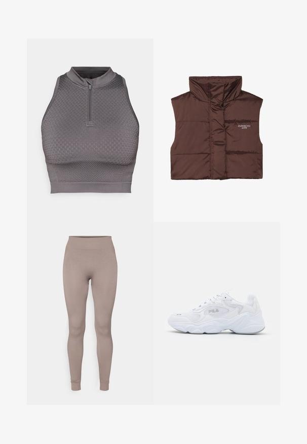 Brun polstret ærmeløs vest med høj krave, der har lynlås fortil og indsyet logo-detail på venstre side. Glat, blank overflade.; Blå cropped sweater med V-hals, ribbet tekstur og lange ermer. Lavet af blødt materiale. Mærke: even&odd.; Grå atletisk crop top med lynlås i halsen, struktureret mønster, tætsiddende design og en glat finish ved kanten og armhulen.; Ribbet leggings i en blød taupe farve, med høj talje, smal pasform og tætsiddende ankler. Fremstillet af et tekstureret, strækbart stof.; Hvide atletiske sko med en struktureret mesh-overdel, polstret krave og kraftig sål. Har et logo på siden og snørebåndslukning.