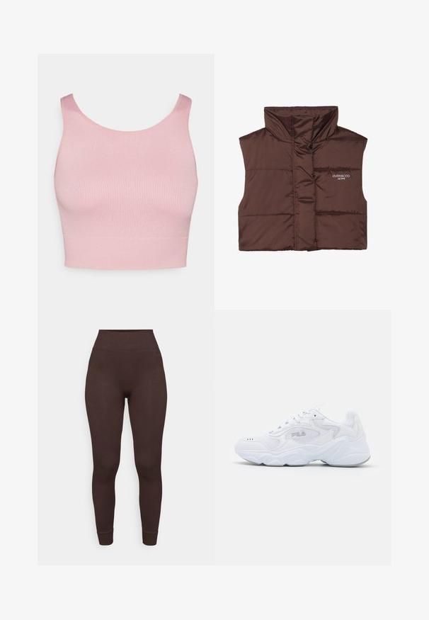 Pruun polsterdatud ilma varrukateta vest kõrge kaelusega, millel on külje peal luku ees ja õmmeldud logo detail. Sile, läikiv tekstuur.; Sinine lühike sviiter V-kaelusega, soonikstruktuuriga ja pikkade varrukatega. Valmistatud pehmest materjalist. Silt: even&odd.; Roosa ribatud lühike topp ümmarguse kaelarõnga ja laiade õlavarredega, millel on sile tekstuur ja kinnitatud siluett.; Pruunid soonilised retuusid kõrge vöökohaga ja keha lähedase lõikega. Kangas tundub pehme ja sujuva tekstuuriga servades ning pahkluudel.; Valge spordijalats tekstuuriga pealmise osaga, pehmendatud kraega ja paksu tallaga. Küljele on pandud logo ja see on kinnitatud paeltega.