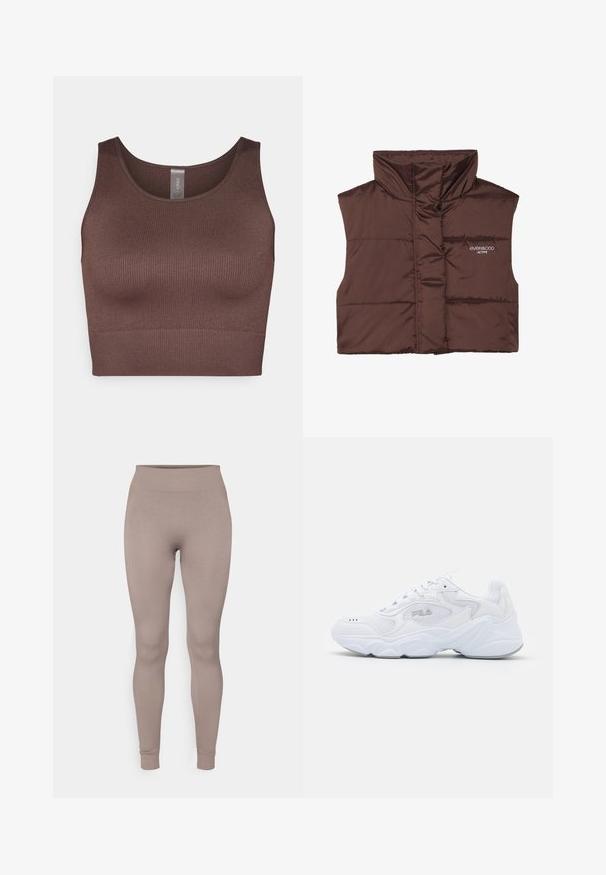 Vesta bej cu umplutură, fără mâneci și cu guler înalt, având un fermoar frontal și detalii logo cusute pe partea stângă. Textură netedă și lucioasă.; Pulover scurt albastru cu decolteu în V, textură terminală și mâneci lungi. Fabricat dintr-un material moale. Etichetă: even&odd.; Top scurt cu o textură în dungi, de culoare maro, cu un guler rotund și bretele late. Fabricat dintr-un material elastic, cu un design fără cusături și o textură netedă.; Colanți cu textură în nuanță moale de taupe, cu un talie înaltă, tăiere slim și glezne tapered. Fabrică dintr-un material texturat și elastic.; Să nu îți lipsească adidașii albi cu un superior din plasă texturată, guler captusit și talpă chunky. Acestea au un logo pe lateral și sistem de prindere cu șireturi.