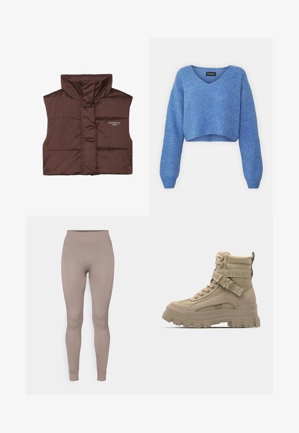 Brown padded sleeveless vest with high collar, featuring a zip front and sewn-in logo detail on the left side. Smooth, glossy texture.; Blue cropped sweater with a V-neck, ribbed texture, and long sleeves. Made of soft material. Label: even&odd.; Ribbed leggings in a soft taupe color, featuring a high waistband, slim fit, and tapered ankles. Made from a textured, stretchable fabric.; Tan high-top boots made of synthetic material, featuring a chunky sole, textured fabric accents, and a strap with logo detail.