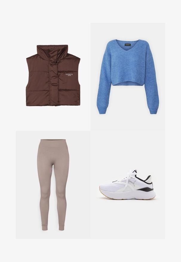 Rudas pūkuotas be rankovių liemenė su aukštu apykakle, turinti užtrauktuką priekyje ir siuvinėtą logotipo detalę kairėje pusėje. Lygus, blizgus paviršius.; Mėlynas trumpas megztinis su V-formos iškirpte, rimtu tekstūru ir ilgomis rankovėmis. Pagamintas iš minkštos medžiagos. Etiketė: even&odd.; Ribotos leggingai švelnios taupe spalvos, su aukštu juosmeniu, lieknu siluetu ir siaurėjančiais kulkšnais. Pagaminti iš tekstūruoto, tamprios medžiagos.; Balta sportinė avalynė su tinkline viršūne, juodais akcentais ir storu guminiu padu. Turtinga tradicinėmis raišteliais ir tekstūruotomis sritimis, suteikiančiomis atramą.