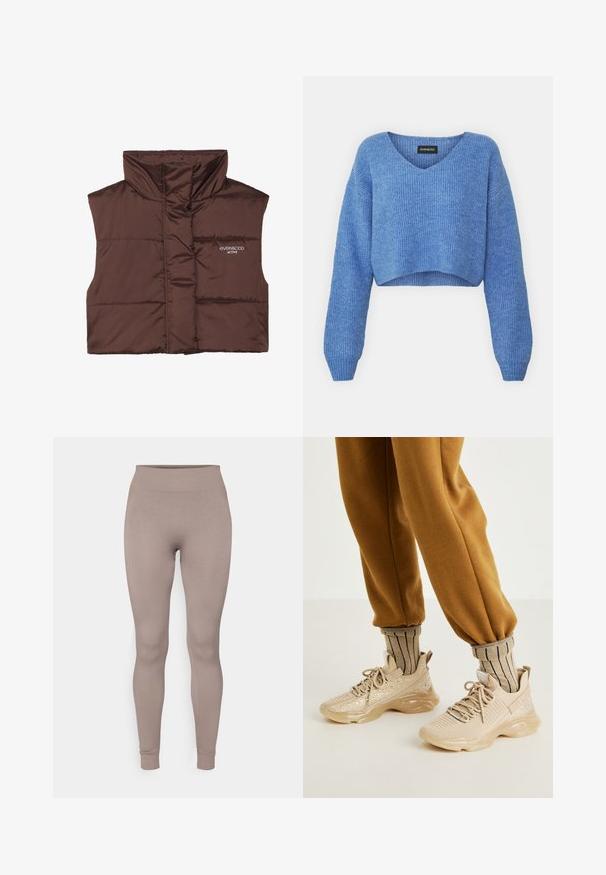 Bruine gewatteerde mouwloze vest met hoge kraag, voorzien van een rits aan de voorkant en een ingenaaide logo-detail aan de linkerkant. Gladde, glanzende textuur.; Blauwe cropped trui met V-hals, geribbelde structuur en lange mouwen. Gemaakt van zacht materiaal. Label: even&odd.; Geribbelde leggings in een zachte taupe kleur, met een hoge tailleband, slim fit en tapse enkels. Gemaakt van een textiel met structuur en rekbaarheid.; Beige sportschoenen met een bovenwerk van mesh, decoratieve sprankels en een dikke rubberen zool. Gecombineerd met gestreepte beige sokken en een paar bruine joggers.