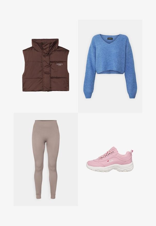 Veste sans manches en peluche marron avec col haut, dotée d'une fermeture éclair à l'avant et d'un logo cousu sur le côté gauche. Texture lisse et brillante.; Pull cropped bleu avec un décolleté en V, texture côtelée et manches longues. Fabriqué dans un matériau doux. Étiquette : even&odd.; Leggings côtelés dans une douce couleur taupe, avec une taille haute, une coupe slim et des chevilles fuselées. Fabriqués en tissu texturé et extensible.; Baskets roses avec une tige synthétique lisse, semelle en caoutchouc blanche, design à lacets, et logo FILA sur le côté. Comprend une languette au niveau du talon.