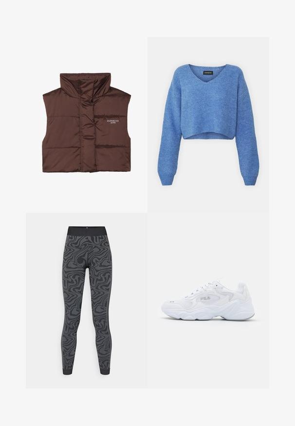 Brun polstret ermeløs vest med høy krage, med glidelås foran og sydd inn logo-detalle på venstre side. Glatt, blank tekstur.; Blå kortermet genser med V-hals, ribbestrikket tekstur og lange ermer. Laget av mykt materiale. Merke: even&odd.; Tights laget av elastisk stoff i mørkegrått med et teksturert, svingende svart mønster; tettsittende design med bred midjebånd og kantede mansjetter.; Hvite joggesko med et strukturert mesh-overdel, polstret krage og tykk såle. Har en logo på siden og snøring.