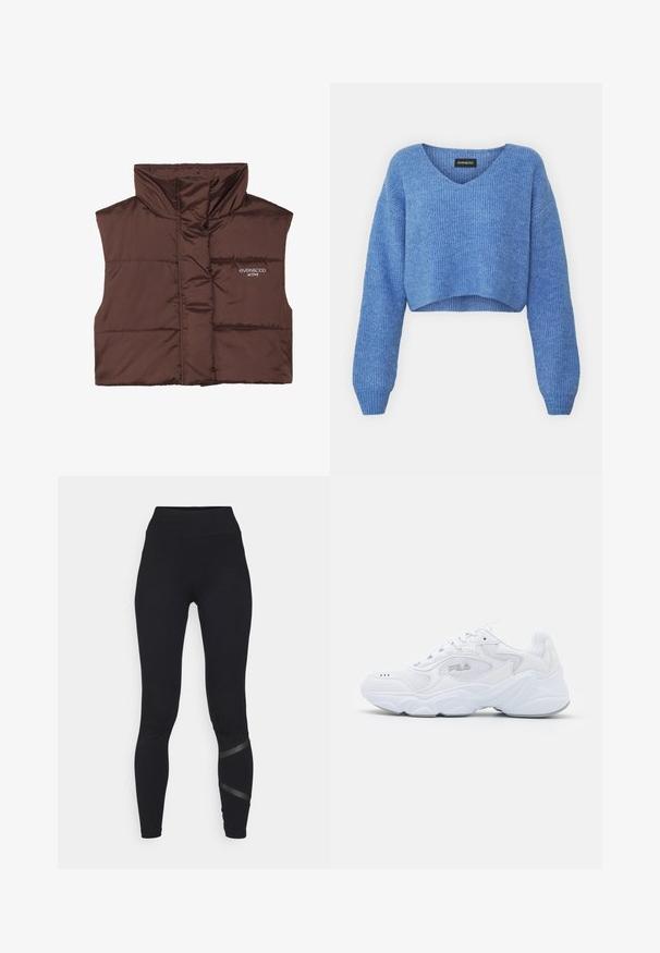 Barna párnázott ujjatlan mellény magas gallérral, elöl cipzárral, a bal oldalon varrt logó részlettel. Simább, fényes textúra.; Kék, v-kivágású, rovidített pulóver, bordázott textúrával és hosszú ujjakkal. Puha anyagból készült. Címke: even&odd.; ONLY Play ONPCROSS LIFE LEG - Leggingek - black; Fehér sportcipő strukturált hálós felső résszel, párnázott bokarésszel és masszív talppal. Oldalán logóval és fűzős záródással rendelkezik.