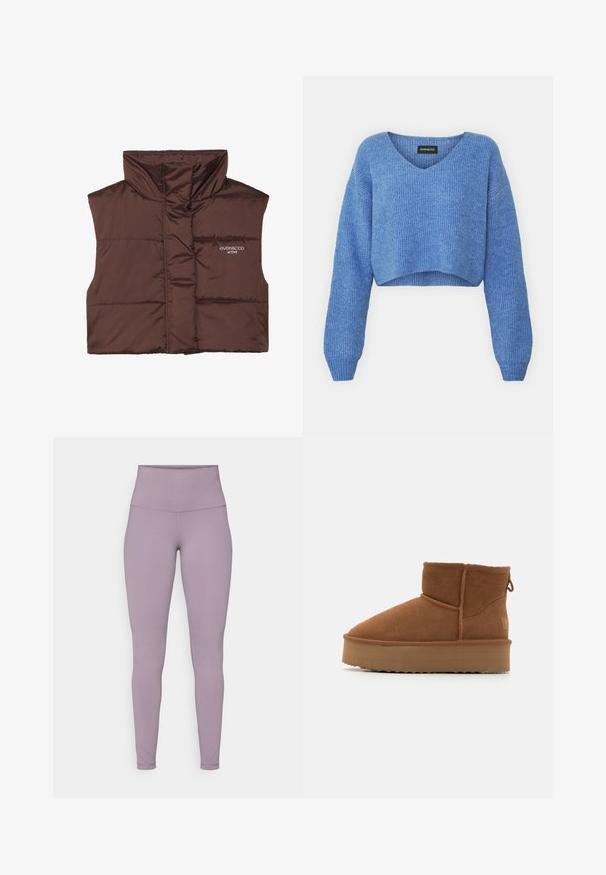 Colete acolchoado castanho sem mangas com colarinho alto, apresentando fecho de correr frontal e detalhe de logótipos cosido no lado esquerdo. Textura lisa e brilhante.; Sweater azul cropped com decote em V, textura canelada e mangas longas. Feito de material suave. Etiqueta: even&odd.; Leggings de cintura alta em lavanda feitos de um tecido elástico com uma textura suave e sem padrões ou acessórios visíveis.; Botas de tornozelo em camurça castanha com bico arredondado, superfície texturizada e uma sola de plataforma grossa. Apresentam uma alça na parte de trás e detalhes em costura.
