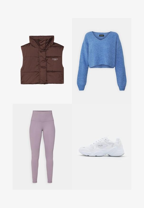 Brun polstret ermeløs vest med høy krage, med glidelås foran og sydd inn logo-detalle på venstre side. Glatt, blank tekstur.; Blå kortermet genser med V-hals, ribbestrikket tekstur og lange ermer. Laget av mykt materiale. Merke: even&odd.; Høyt liv, lavendel leggings laget av elastisk stoff med en glatt tekstur og uten synlige mønstre eller hårdvarer.; Hvite joggesko med et strukturert mesh-overdel, polstret krage og tykk såle. Har en logo på siden og snøring.