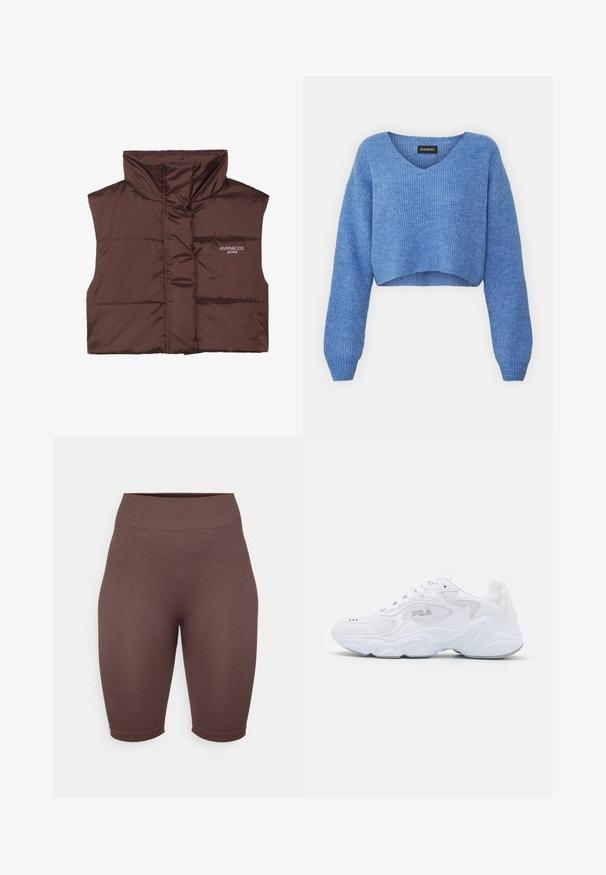 Smešani smešano smešani prsluk smešano bez rukava sa visokim ovratnikom, sa prednjim zatvaračem i ušivenim logom s lijeve strane. Glatka, sjajna tekstura.; Plavi skraćeni pulover s V-izrezom, rebrastom teksturom i dugim rukavima. Napravljen od mekog materijala. Oznaka: even&odd.; Smešani smeđi biciklistički šorts s visokim strukom, izrađen od rastezljivog materijala, s glatkom teksturom i prilagođenim oblikom.; Bijela atletska cipela s teksturiranim mrežastim gornjim dijelom, podstavljenim ovratnikom i debelim potplatom. Ima logotip sa strane i vezanje na vezice.