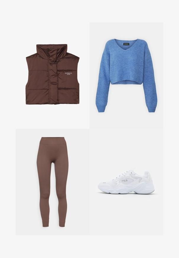 Barna párnázott ujjatlan mellény magas gallérral, elöl cipzárral, a bal oldalon varrt logó részlettel. Simább, fényes textúra.; Kék, v-kivágású, rovidített pulóver, bordázott textúrával és hosszú ujjakkal. Puha anyagból készült. Címke: even&odd.; ONLY Play ONPJAIA LIFE SEAM - Leggingek - chocolate martini; Fehér sportcipő strukturált hálós felső résszel, párnázott bokarésszel és masszív talppal. Oldalán logóval és fűzős záródással rendelkezik.