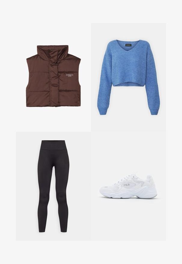 Brun vadderad ärmlös väst med hög krage, med dragkedja framtill och inbrottat logotypdetalj på vänster sida. Slät, glänsande yta.; Blå croppad tröja med V-ringning, ribbad textur och långa ärmar. Gjord av mjukt material. Märke: even&odd.; Svarta leggings i glatt, stretchigt tyg. Hög midja med ribbad textur. Fitted silhuett, inga synliga sömmar eller mönster.; Vita idrottssko med ett texturerat mesh-övre, vadderad krage och kraftig sula. Har en logotyp på sidan och snörning.
