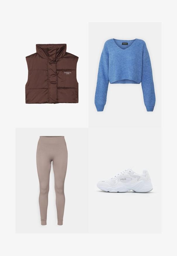Rjava podložena brezrokavnica z visokim ovratnikom, ki ima zadrgo spredaj in vdelan logotip na levi strani. Gladka, sijoča tekstura.; Modra skrajšana jopica z V-izrezom, rebrasto teksturo in dolgimi rokavi. Narejena iz mehkega materiala. Oznaka: even&odd.; Rebraste nogavice v mehki taupe barvi, z visokim pasom, ožjim krojem in zoženimi gležnji. Narejene so iz teksturirane, raztegljive tkanine.; Bela športna obuvala z teksturirano mrežasto zgornjico, oblazinjeno obrobo in debelim podplatom. Ima logotip ob strani in vezalni sistem.