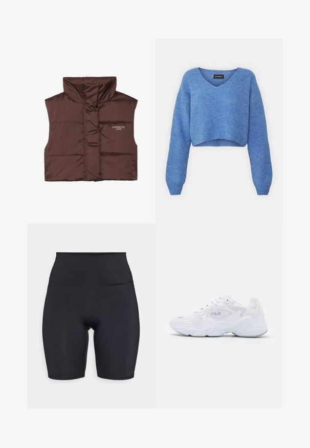 Chaleco sin mangas acolchado marrón con cuello alto, con cierre de cremallera en la parte frontal y detalle de logo cosido en el lado izquierdo. Textura suave y brillante.; Suéter corto azul con escote en V, textura acanalada y mangas largas. Fabricado con material suave. Etiqueta: even&odd.; Pantalones cortos de ciclismo negros de cintura alta hechos de tela elástica que absorbe la humedad. Presentan costuras planas y una textura suave y mate.; Zapatilla deportiva blanca con parte superior de malla texturizada, cuello acolchado y suela gruesa. Presenta un logo en el lateral y cierre con cordones.