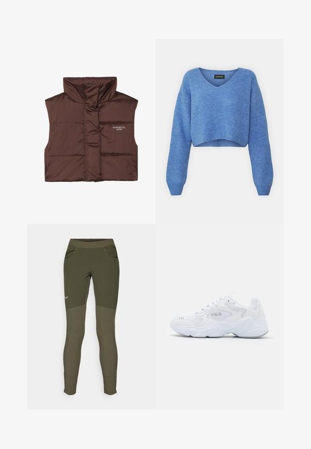 Bruine gewatteerde mouwloze vest met hoge kraag, voorzien van een rits aan de voorkant en een ingenaaide logo-detail aan de linkerkant. Gladde, glanzende textuur.; Blauwe cropped trui met V-hals, geribbelde structuur en lange mouwen. Gemaakt van zacht materiaal. Label: even&odd.; Olijfgroene sportbroek met een gestructureerd ontwerp, twee zijzakken, een snug fit en ritsen bij de pijpen voor verstelbare beenopeningen.; Witte sportschoen met een gemêleerde mesh bovenzijde, gewatteerde kraag en dikke zool. Voorzien van een logo op de zijkant en vetersluiting.