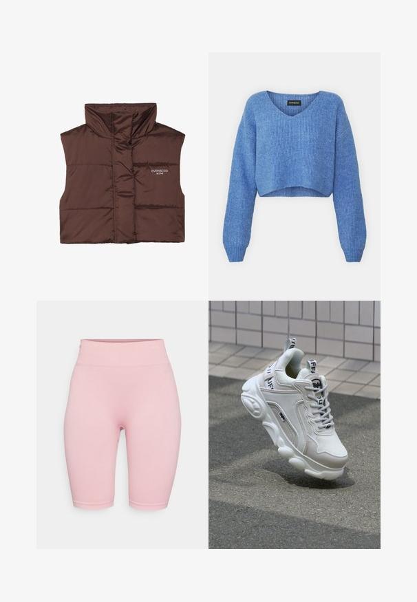 Barna párnázott ujjatlan mellény magas gallérral, elöl cipzárral, a bal oldalon varrt logó részlettel. Simább, fényes textúra.; Kék, v-kivágású, rovidített pulóver, bordázott textúrával és hosszú ujjakkal. Puha anyagból készült. Címke: even&odd.; Világos rózsaszín kerékpáros nadrág ribbed anyagból, magas derékbőséggel és testhezálló kialakítással, sima varrásokkal és minta nélkül.; Fehér sneaker, hálós és bőr anyagokból, kerek orral, vastag talppal, feltűnő fűzőkkel és logóval a sarokon és a nyelven.