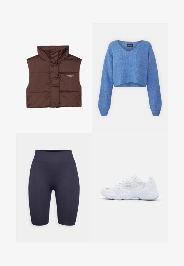 Barna párnázott ujjatlan mellény magas gallérral, elöl cipzárral, a bal oldalon varrt logó részlettel. Simább, fényes textúra.; Kék, v-kivágású, rovidített pulóver, bordázott textúrával és hosszú ujjakkal. Puha anyagból készült. Címke: even&odd.; Sötét tengerész kék bordázott kerékpáros sort magas derékkal, sima felszínnel és térdhosszúságú szabással. Nincsenek látható fémrészek vagy minták.; Fehér sportcipő strukturált hálós felső résszel, párnázott bokarésszel és masszív talppal. Oldalán logóval és fűzős záródással rendelkezik.