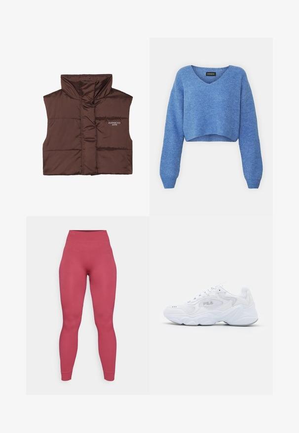 Brun polstret ermeløs vest med høy krage, med glidelås foran og sydd inn logo-detalle på venstre side. Glatt, blank tekstur.; Blå kortermet genser med V-hals, ribbestrikket tekstur og lange ermer. Laget av mykt materiale. Merke: even&odd.; Ribbestrømpebukser i en solid rosa farge med høy livlinje. Materialet ser ut til å være elastisk og tettsittende, designet for komfort og bevegelighet.; Hvite joggesko med et strukturert mesh-overdel, polstret krage og tykk såle. Har en logo på siden og snøring.