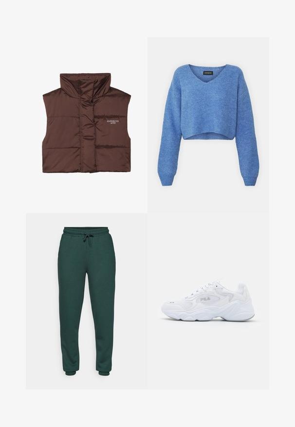 Brązowa, pikowana kamizelka bez rękawów z wysokim kołnierzem, z zamkiem z przodu i naszytą logotypem po lewej stronie. Gładka, błyszcząca faktura.; Niebieski, krótki sweter z dekoltem w szpic, prążkowanym wzorem i długimi rękawami. Wykonany z miękkiego materiału. Metka: even&odd.; Zielone dresy wykonane z miękkiego, teksturowanego materiału. Posiadają elastyczny pas z sznurkiem, zwężane nogawki oraz dopasowane mankiety w kostkach.; Białe buty sportowe z teksturowaną siateczkową cholewką, wyściełanym kołnierzem i masywną podeszwą. Posiadają logo po boku oraz sznurowanie.