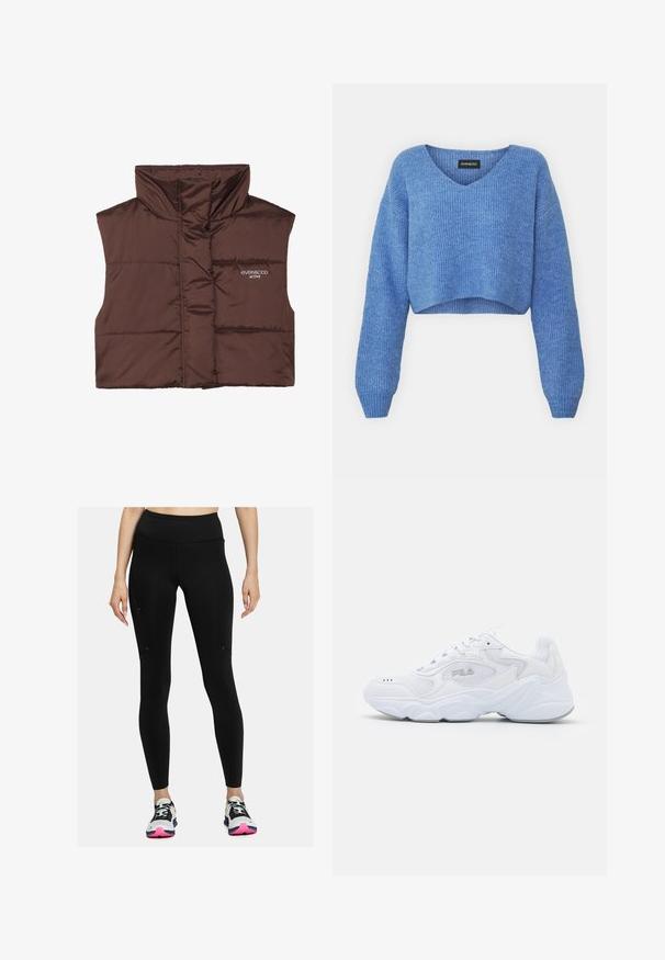 Brown padded sleeveless vest with high collar, featuring a zip front and sewn-in logo detail on the left side. Smooth, glossy texture.; Blue cropped sweater with a V-neck, ribbed texture, and long sleeves. Made of soft material. Label: even&odd.; Black leggings with a high waistband, smooth texture, and minimalistic design. Features side pockets and stitch detailing.; White athletic shoe with a textured mesh upper, padded collar, and chunky sole. Features a logo on the side and lace-up closure.