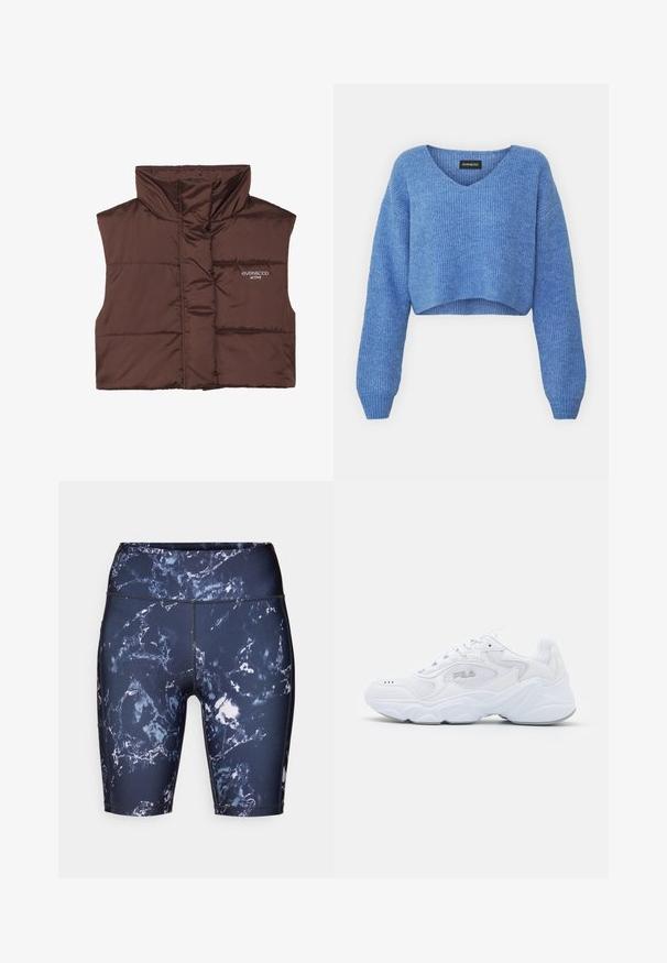 Barna párnázott ujjatlan mellény magas gallérral, elöl cipzárral, a bal oldalon varrt logó részlettel. Simább, fényes textúra.; Kék, v-kivágású, rovidített pulóver, bordázott textúrával és hosszú ujjakkal. Puha anyagból készült. Címke: even&odd.; Sötétkék márvány mintás sport rövidnadrág fehér és szürke kiegészítőkkel. Rugalmas anyagból készült, és magas derékbőség jellemzi.; Fehér sportcipő strukturált hálós felső résszel, párnázott bokarésszel és masszív talppal. Oldalán logóval és fűzős záródással rendelkezik.
