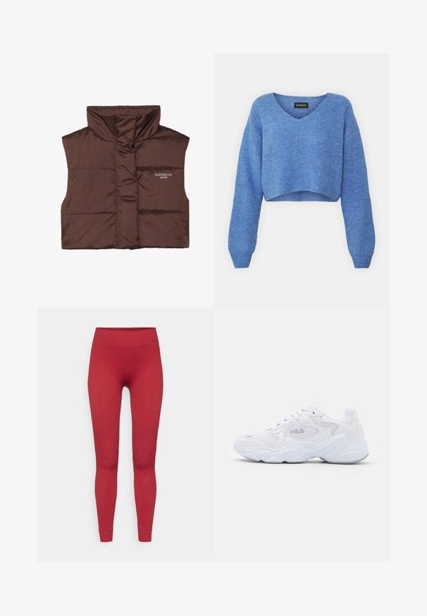 Colete acolchoado castanho sem mangas com colarinho alto, apresentando fecho de correr frontal e detalhe de logótipos cosido no lado esquerdo. Textura lisa e brilhante.; Sweater azul cropped com decote em V, textura canelada e mangas longas. Feito de material suave. Etiqueta: even&odd.; Leggings vermelhos com nervuras, com uma cintura alta, apresentando uma forma ajustada e textura suave, estendendo-se até os tornozelos. Sem adornos visíveis.; Sapatilha atlética branca com um cabedal de malha texturizada, colarinho acolchoado e sola volumosa. Apresenta um logotipo na lateral e fecho de atacadores.