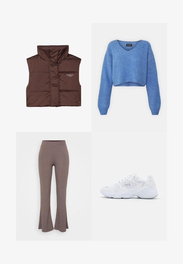 Brown padded sleeveless vest with high collar, featuring a zip front and sewn-in logo detail on the left side. Smooth, glossy texture.; Blue cropped sweater with a V-neck, ribbed texture, and long sleeves. Made of soft material. Label: even&odd.; Brown ribbed flared trousers with a high, stretchy waistband and a soft texture, featuring a subtle vertical pattern throughout.; White athletic shoe with a textured mesh upper, padded collar, and chunky sole. Features a logo on the side and lace-up closure.