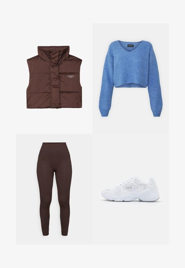 Hnědá péřová bezrukávová vesta s vysokým límcem, s předním zipem a přišitým logem na levé straně. Hladký, lesklý povrch.; Modrý zkrácený svetr s V-výstřihem, žebrovanou texturou a dlouhými rukávy. Vyrobeno z měkkého materiálu. Štítek: even&odd.; Hnědé žebrované legíny s vysokým pasem a přiléhavým střihem. Látka vypadá měkce a má hladký povrch na lemu a manžetách ukotníků.; Bílé sportovní boty s texturovaným síťovaným svrškem, polstrovaným límcem a robustní podrážkou. Zahrnují logo na boku a šněrování.